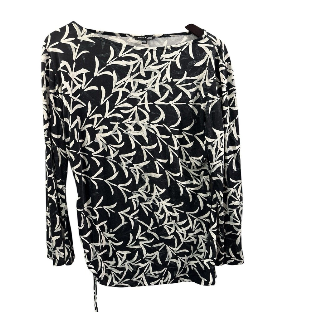 Anne Klein Black White Floral Long Sleeve Top ruched side Large Career Office